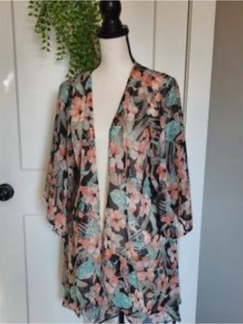 Mudd Black Floral Top with Coral and Aqua Blooms